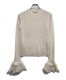 Gypsohila（ジプソフィア）の古着「Crochet Sleeve CrewNeck Knit/クルーネックニット」｜ホワイト