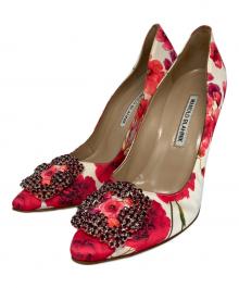 Manolo Blahnik（マノロブラニク）の古着「フラワープリントビジューヒールパンプス」｜ピンク