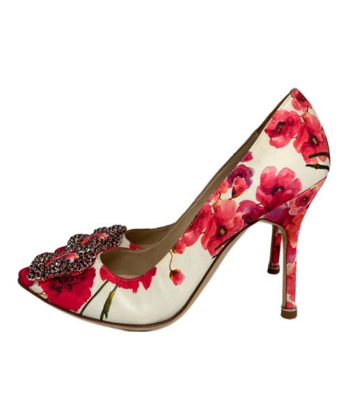 Manolo Blahnik（マノロブラニク）Manolo Blahnik (マノロブラニク) フラワープリントビジューヒールパンプス ピンク サイズ:37　1/2の古着・服飾アイテム