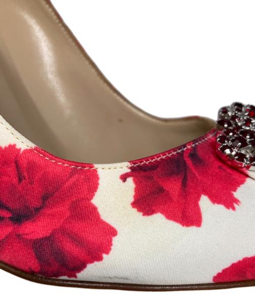 Manolo Blahnik（マノロブラニク）Manolo Blahnik (マノロブラニク) フラワープリントビジューヒールパンプス ピンク サイズ:37　1/2の古着・服飾アイテム