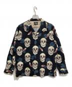 DRESS HIPPYドレスヒッピー）の古着「FACE TWO SKULL L/S SHIRT/総柄シャツ」｜ブラック