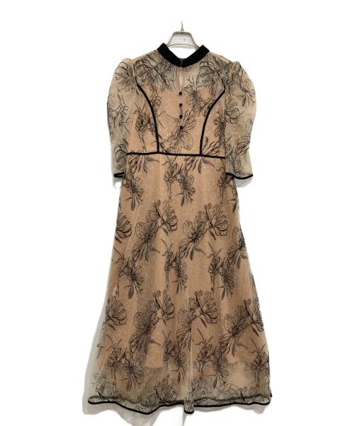 LeJa（レジャ）LeJa (レジャ) パイピングハイネック花柄ラメレースワンピースドレス ベージュ サイズ:Lの古着・服飾アイテム