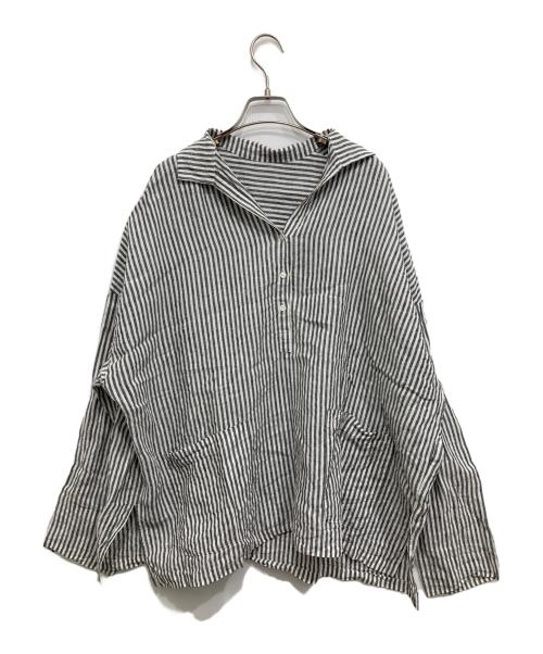 journal standard luxe（ジャーナルスタンダード ラックス）JOURNAL STANDARD LUXE (ジャーナルスタンダード ラックス) リネンワッシャー スキッパーシャツ グレー×ホワイト サイズ:Fの古着・服飾アイテム