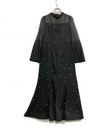 LeJa（レジャ）の古着「パールビジュープリーツフレアスリーブマーメイドワンピースドレス」｜ブラック