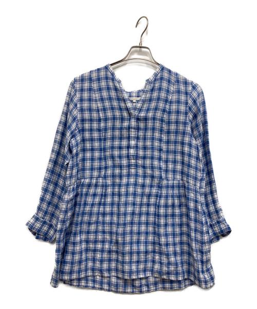 23区（ニジュウサンク）23区 (ニジュウサンク) LIBECO (リベコ) リネンチェックブラウス ブルー サイズ:44の古着・服飾アイテム