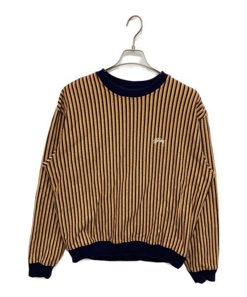 stussy（ステューシー）stussy (ステューシー) VERTICAL STRIPED KNIT CREW イエロー×ネイビー サイズ:Mの古着・服飾アイテム
