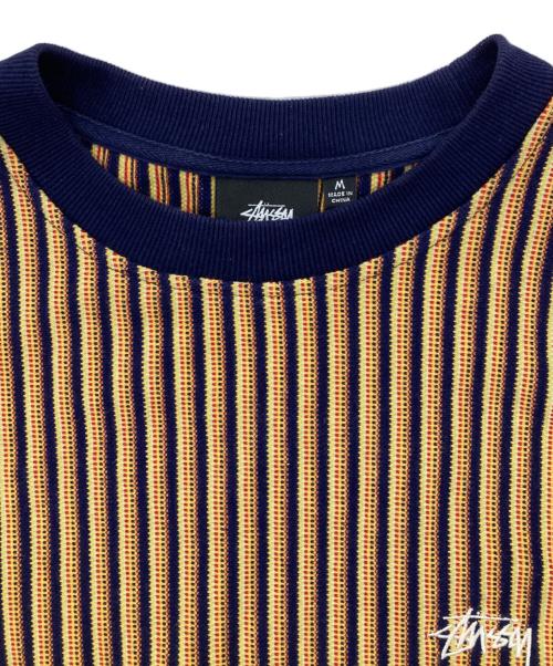 stussy（ステューシー）stussy (ステューシー) VERTICAL STRIPED KNIT CREW イエロー×ネイビー サイズ:Mの古着・服飾アイテム