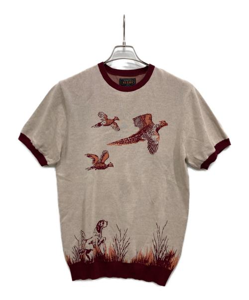BEAMS PLUS（ビームスプラス）BEAMS PLUS (ビームスプラス) Knit Tee Jacquard ベージュ×ボルドー サイズ:Mの古着・服飾アイテム