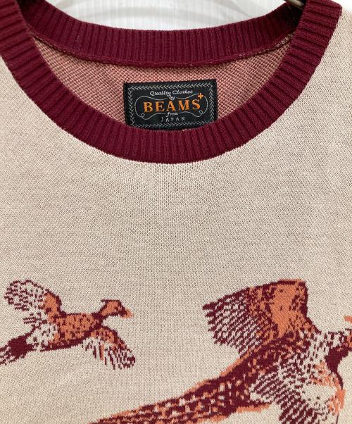 BEAMS PLUS（ビームスプラス）BEAMS PLUS (ビームスプラス) Knit Tee Jacquard ベージュ×ボルドー サイズ:Mの古着・服飾アイテム