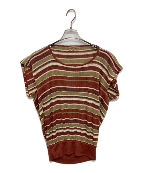 ISSEY MIYAKE（イッセイミヤケ）ISSEY MIYAKE (イッセイミヤケ) リネン混ボーダードルマンニット ベージュ×レッド サイズ:Freeの古着・服飾アイテム