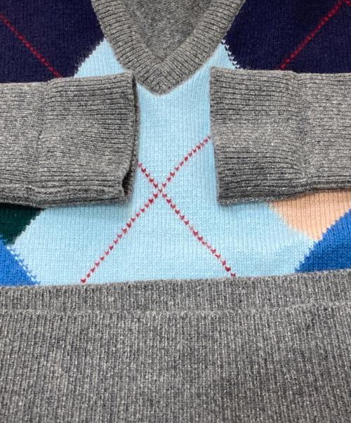CELINE（セリーヌ）CELINE (セリーヌ) 90’sカシミヤVネックアーガイルチェックニット グレー サイズ:SIZE40の古着・服飾アイテム