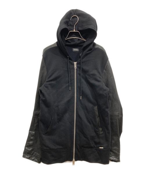 DIESEL（ディーゼル）DIESEL (ディーゼル) レザースリーブジップパーカー ブラック サイズ:Sの古着・服飾アイテム