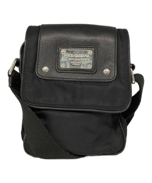 DOLCE & GABBANA（ドルチェ＆ガッバーナ）DOLCE & GABBANA (ドルチェ＆ガッバーナ) レザー切替ロゴプレートショルダーバッグ ブラックの古着・服飾アイテム