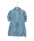 GANNIガニー）の古着「Seersucker Check Wrap Ruffle Mini Dress」｜ブルー