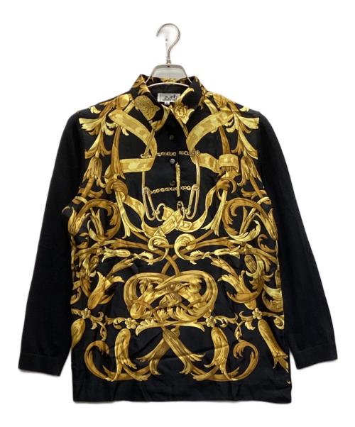HERMES（エルメス）HERMES (エルメス) ニット切替シルクL/Sポロシャツ ブラック×イエロー サイズ:Sの古着・服飾アイテム