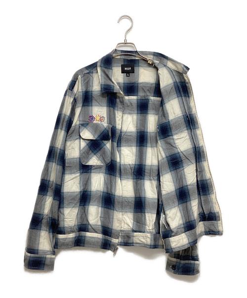 HUF（ハフ）HUF (ハフ) ロゴ刺繍オンブレチェックジップシャツ グレー サイズ:SIZE　Lの古着・服飾アイテム