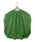 BEARDSLEYビアズリー）の古着「コットンシフォンギャザー丸ブラウス」｜グリーン