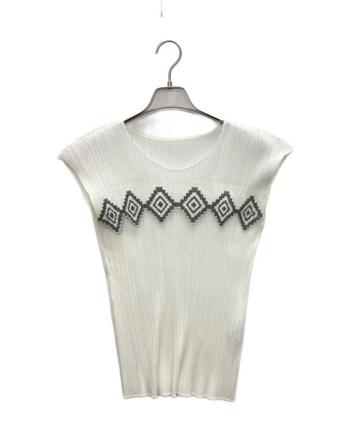 PLEATS PLEASE（プリーツプリーズ）PLEATS PLEASE (プリーツプリーズ) ノースリーブプリーツカットソー ホワイト×グレー サイズ:SIZE 3の古着・服飾アイテム