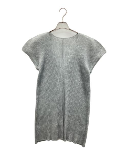 PLEATS PLEASE（プリーツプリーズ）PLEATS PLEASE (プリーツプリーズ) Vネックプリーツチュニック グレー サイズ:SIZE 3の古着・服飾アイテム