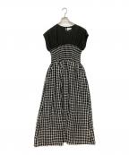 ear PAPILLONNERイアパピヨネ）の古着「マキシ丈 シャーリングチェックロングワンピース」｜ブラック×ホワイト