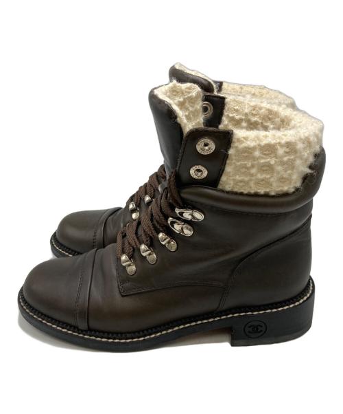 CHANEL（シャネル）CHANEL (シャネル) ツイード編み上げショートブーツ ブラウン サイズ:SIZE EU37の古着・服飾アイテム