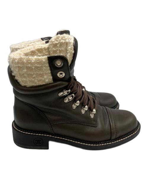 CHANEL（シャネル）CHANEL (シャネル) ツイード編み上げショートブーツ ブラウン サイズ:SIZE EU37の古着・服飾アイテム
