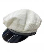 PRADAプラダ）の古着「ニット×パテントレザートライアングルロゴプレートキャップ」｜ブラック×ホワイト