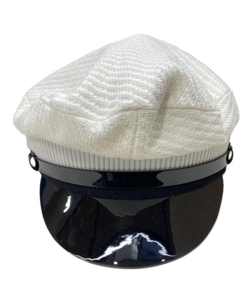 PRADA（プラダ）PRADA (プラダ) ニット×パテントレザートライアングルロゴプレートキャップ ブラック×ホワイト サイズ:XLの古着・服飾アイテム