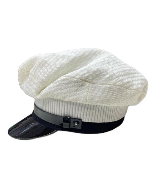 PRADA（プラダ）PRADA (プラダ) ニット×パテントレザートライアングルロゴプレートキャップ ブラック×ホワイト サイズ:XLの古着・服飾アイテム