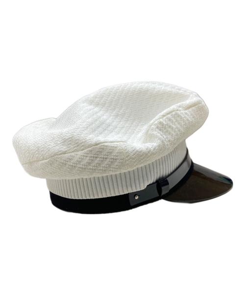 PRADA（プラダ）PRADA (プラダ) ニット×パテントレザートライアングルロゴプレートキャップ ブラック×ホワイト サイズ:XLの古着・服飾アイテム