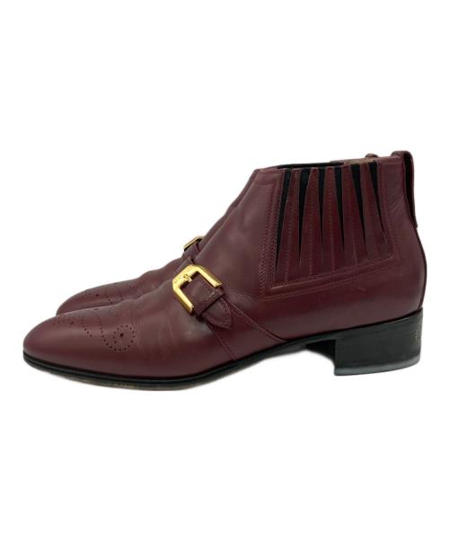 GUCCI（グッチ）GUCCI (グッチ) メダリオン レザー ベルト ショート ヒール ブーツ ボルドー サイズ:SIZE 38の古着・服飾アイテム