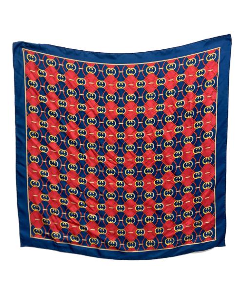 GUCCI（グッチ）GUCCI (グッチ) インターロッキングプリントシルクスカーフ ネイビー×レッドの古着・服飾アイテム