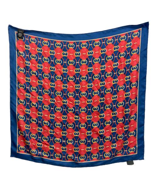 GUCCI（グッチ）GUCCI (グッチ) インターロッキングプリントシルクスカーフ ネイビー×レッドの古着・服飾アイテム