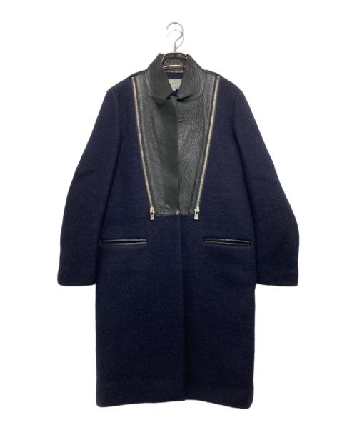 Sandro（サンドロ）Sandro (サンドロ) カウレザー切替ウールコート ネイビー×ブラック サイズ:SIZE 36の古着・服飾アイテム