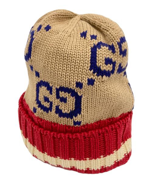 GUCCI（グッチ）GUCCI (グッチ) GGコットンニットキャップ レッド×ベージュの古着・服飾アイテム