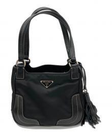 PRADA（プラダ）の古着「レザーナイロンコンビスタッズタッセルハンドバッグ」｜ブラック