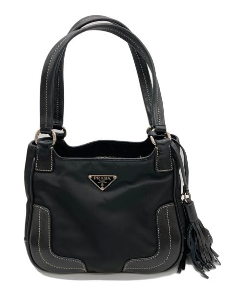 PRADA（プラダ）PRADA (プラダ) レザーナイロンコンビスタッズタッセルハンドバッグ ブラックの古着・服飾アイテム