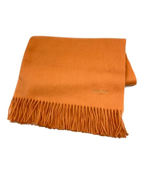 HERMES（エルメス）HERMES (エルメス) ロゴ刺繍 カシミヤ フリンジマフラー オレンジ サイズ:実寸サイズをご参照下さい。の古着・服飾アイテム