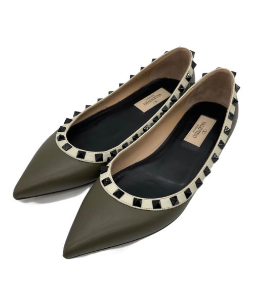 VALENTINO（ヴァレンティノ）VALENTINO (ヴァレンティノ) スタッズフラットパンプス カーキ サイズ:SIZE 37の古着・服飾アイテム