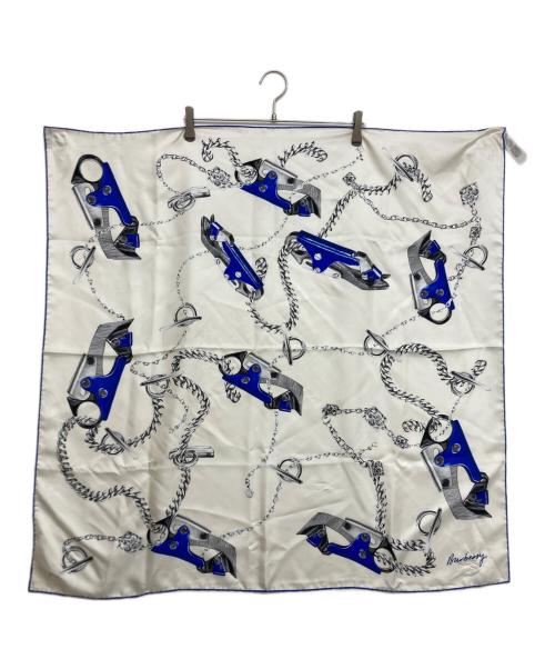 BURBERRY（バーバリー）BURBERRY (バーバリー) KNIGHT HARDWEAR SILK SCARF ホワイト×ブルーの古着・服飾アイテム