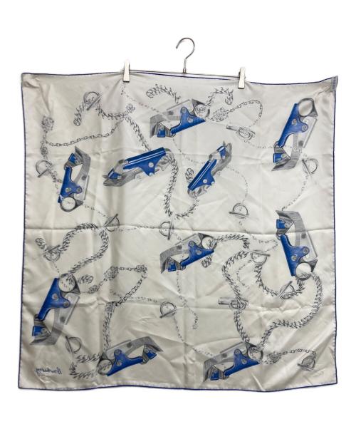 BURBERRY（バーバリー）BURBERRY (バーバリー) KNIGHT HARDWEAR SILK SCARF ホワイト×ブルーの古着・服飾アイテム