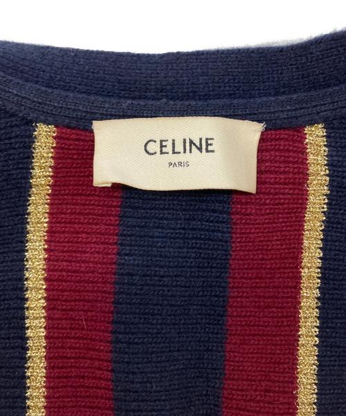 CELINE（セリーヌ）CELINE (セリーヌ) ストライプ ウール ニットカーディガン レッド×ネイビー サイズ:SIZE XSの古着・服飾アイテム
