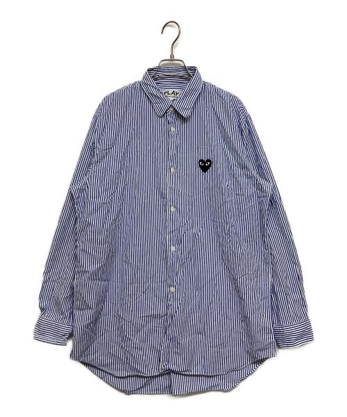 PLAY COMME des GARCONS（プレイコムデギャルソン）PLAY COMME des GARCONS (プレイコムデギャルソン) ハートワッペンストライプシャツ ブルー サイズ:SIZE XLの古着・服飾アイテム
