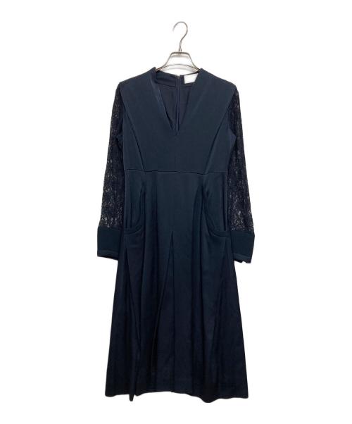 Mame Kurogouchi（マメクロゴウチ）mame kurogouchi (マメクロゴウチ) レーススリーブ Vネックワンピース/Acetate Polyester Floral Lace-Sleeve Dress ネイビー サイズ:2の古着・服飾アイテム