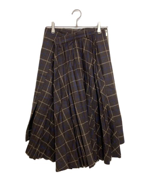 sacai（サカイ）sacai (サカイ) アシンメトリーチェックプリーツスカート ブラウン サイズ:SIZE1の古着・服飾アイテム