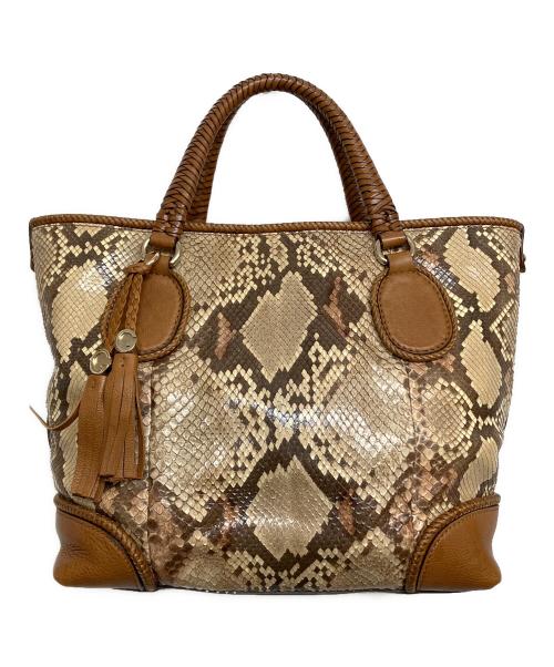 GUCCI（グッチ）GUCCI (グッチ) パイソン ハンドトートバッグ ブラウン×ベージュ サイズ:実寸サイズをご参照くださいの古着・服飾アイテム