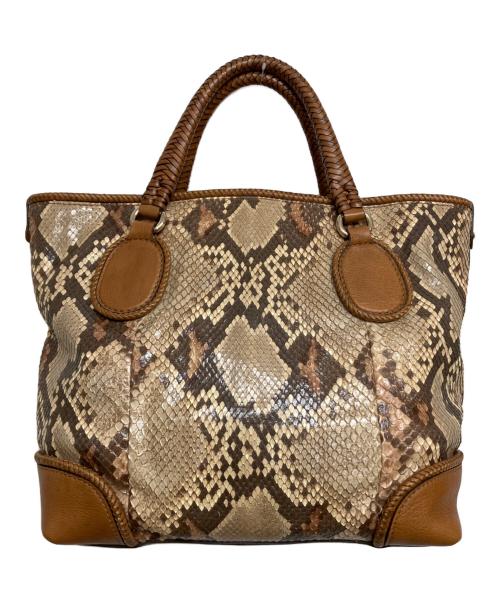 GUCCI（グッチ）GUCCI (グッチ) パイソン ハンドトートバッグ ブラウン×ベージュ サイズ:実寸サイズをご参照くださいの古着・服飾アイテム