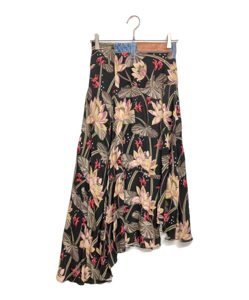 LOEWE（ロエベ）LOEWE (ロエベ) Paula's Ibiza デニム切替フローラルアシメスカート ブラック×インディゴ サイズ:SIZE 36の古着・服飾アイテム