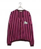 maison kitsuneメゾンキツネ）の古着「アルパカ混ストライプ起毛フラッグワッペンニットカーディガン　LM00502KT1086」｜パープル