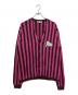 MAISON KITSUNE（メゾンキツネ）の古着「アルパカ混ストライプ起毛フラッグワッペンニットカーディガン　LM00502KT1086」｜パープル